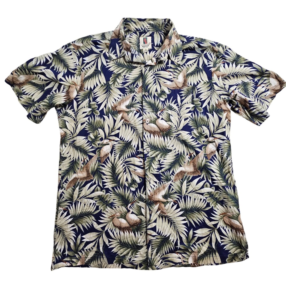 Tori Richard Hawaiian Shirt Large Blue Heron Palm Leaf Cotton Lawn Vintage